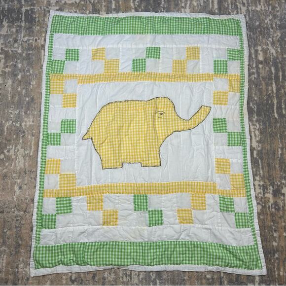 Vintage Handmade Elephant Yellow Green Gingham Nursery Crib Baby Quilt - Picture 1 of 8